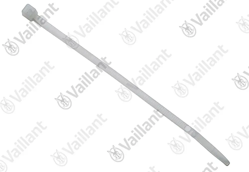 Vaillant Kabelbinder in transparentem Kunststoff mit quadratischem Verschluss und länglichem Ende, geeignet für die Bündelung von Kabeln oder Leitungen.